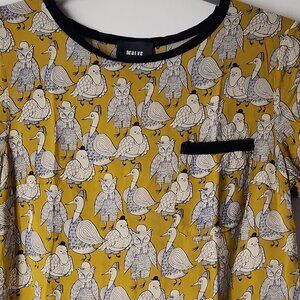 Maeve Anthropologie Mustard shirt with cute Birds hats print Size 0  XS